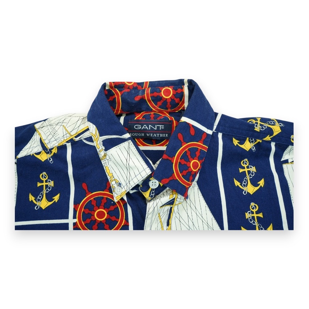 VTG 80s 90s Gant Rough Weather Nautical Print AOP Canvas Shirt‎ Oversize Mens M - Picture 3 of 7